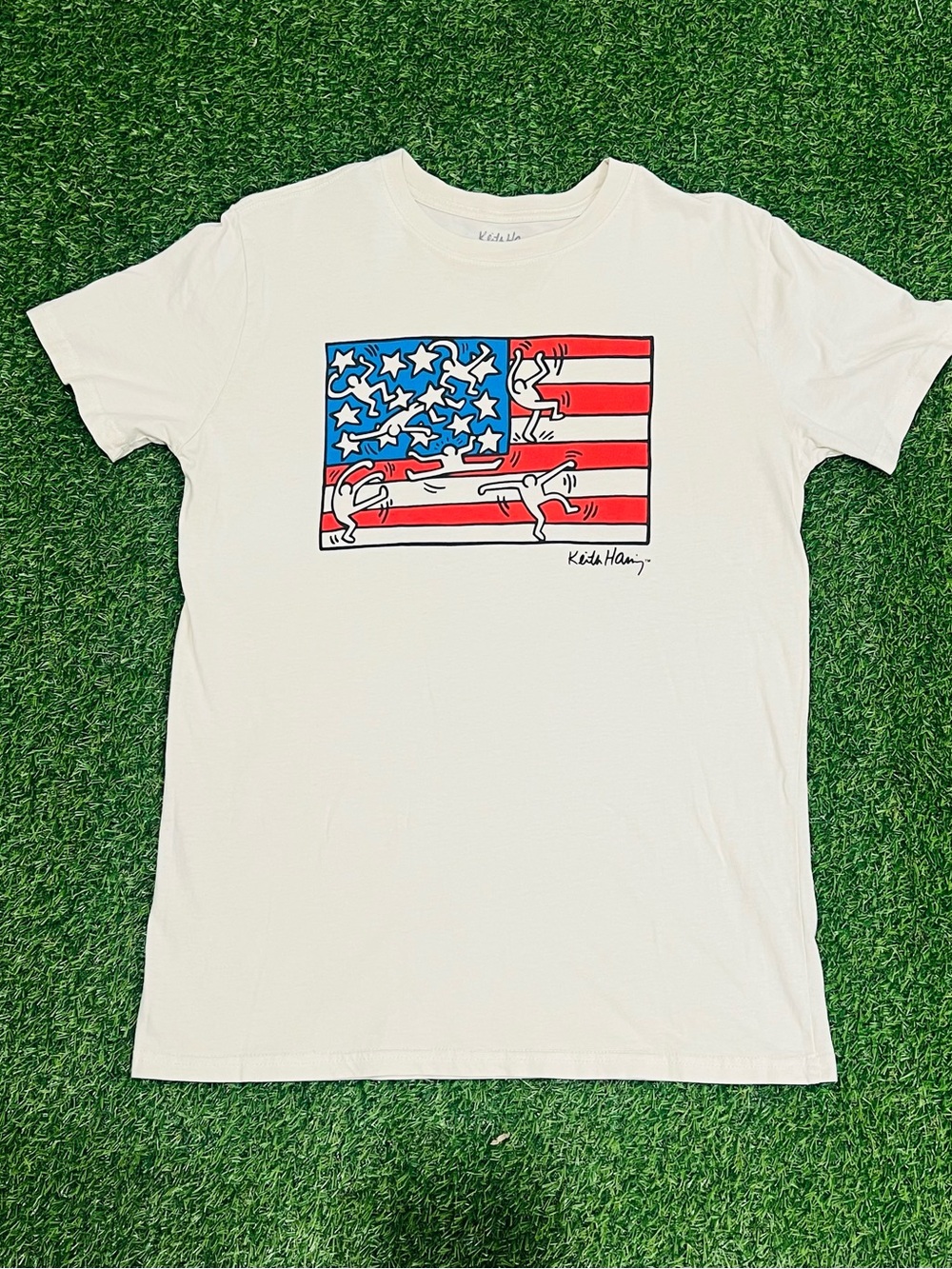 Keith Haring American Flag Cream Pop Art Streetwear T-Shirt Size M 💎